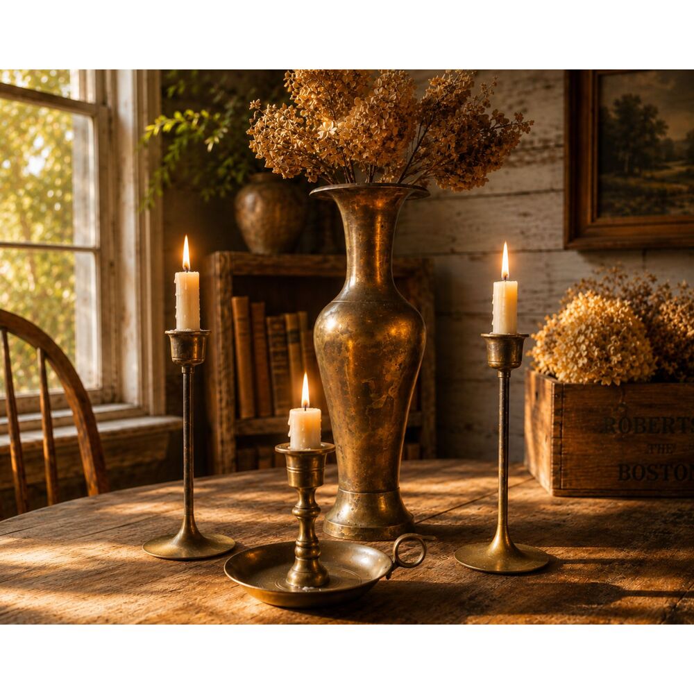 Vintage Brass Decor Bundle Vase Candlesticks Chamberstick Cottagecore Boho Set